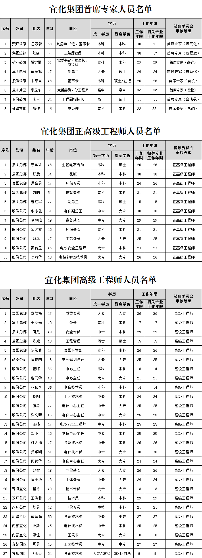 宜化集團(tuán)首席專家、正高級工程師、高級工程師評審結(jié)果公示